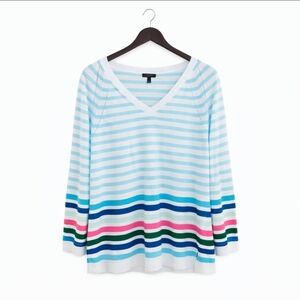 Talbots White Striped Vneck Pullover Sweater Petite Sz Lg
